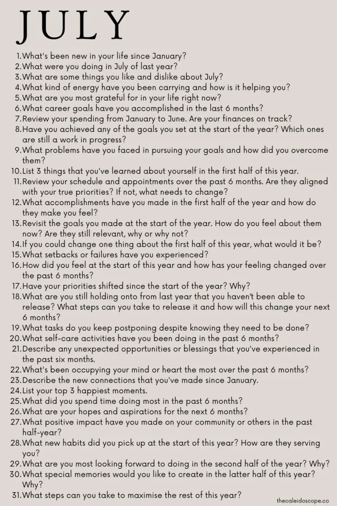 a list of July journaling topic on mid-year reflection