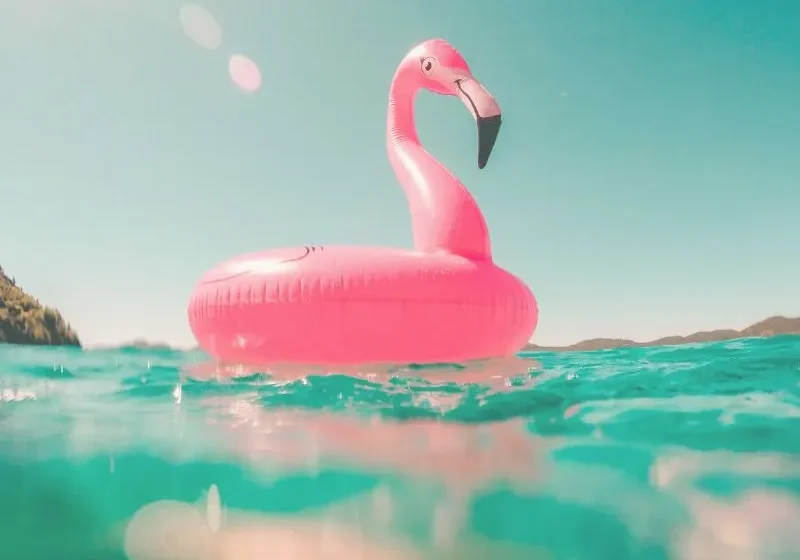 inflated flamingo water balloon on water