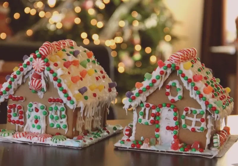 two completed gingerbread house - a winter bucket list activity to do for adults