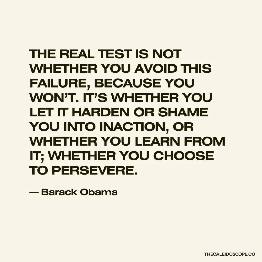 quotes on failure: “The real test is not whether you avoid this failure, because you won’t. It’s whether you let it harden or shame you into inaction, or whether you learn from it; whether you choose to persevere.” — Barack Obama
