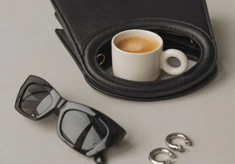 black sunglasses, coffee, bag and earings