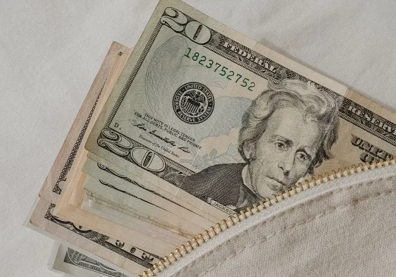 US dollar bills inside a pouch