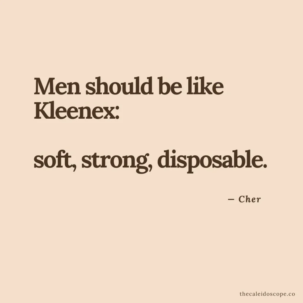 single life quotes: "Men should be like Kleenex: soft, strong, disposable." — Cher