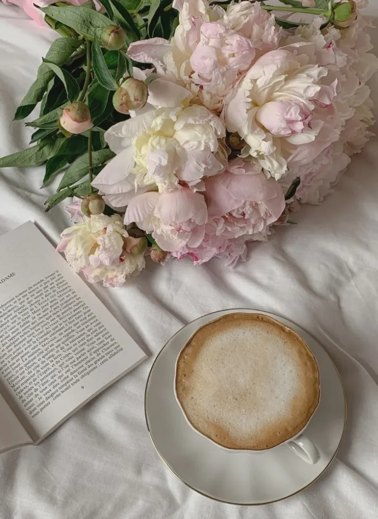 soft pink peonies, book and coffee