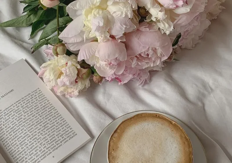 soft pink peonies, book and coffee