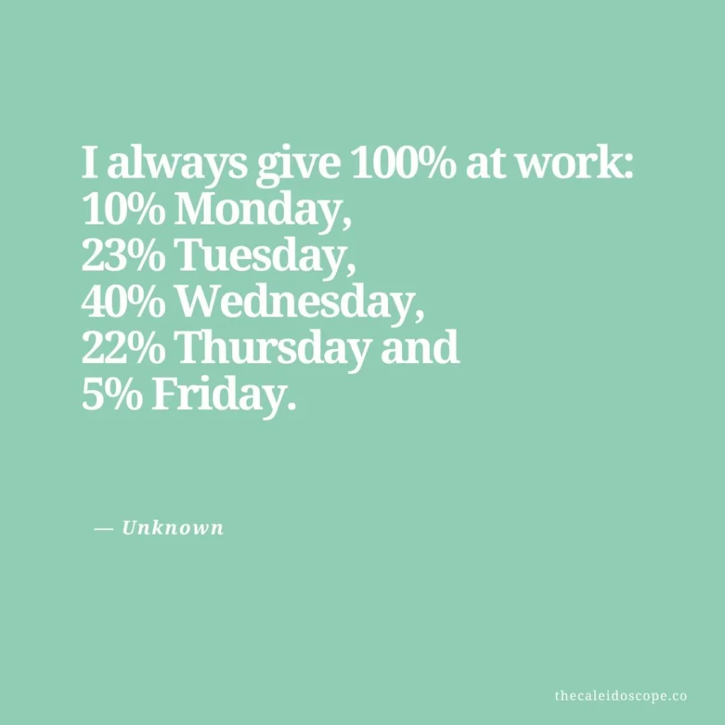 Wednesday Quotes for Hump Day: "I always give 100% at work: 10% Monday, 23% Tuesday, 40% Wednesday, 22% Thursday and 5% Friday." — Unknown