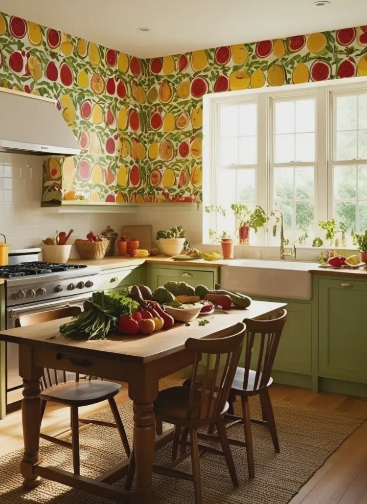 kitchen with food themed home decor and wallpaper