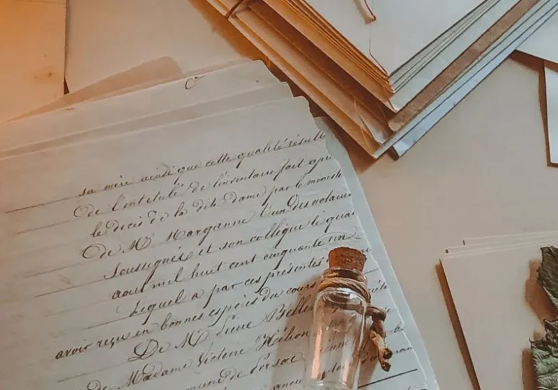 a handwritten letter, some envelopes and a small empty bottle