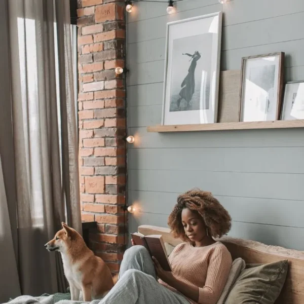 woman sitting on her bed with her dog reading a book